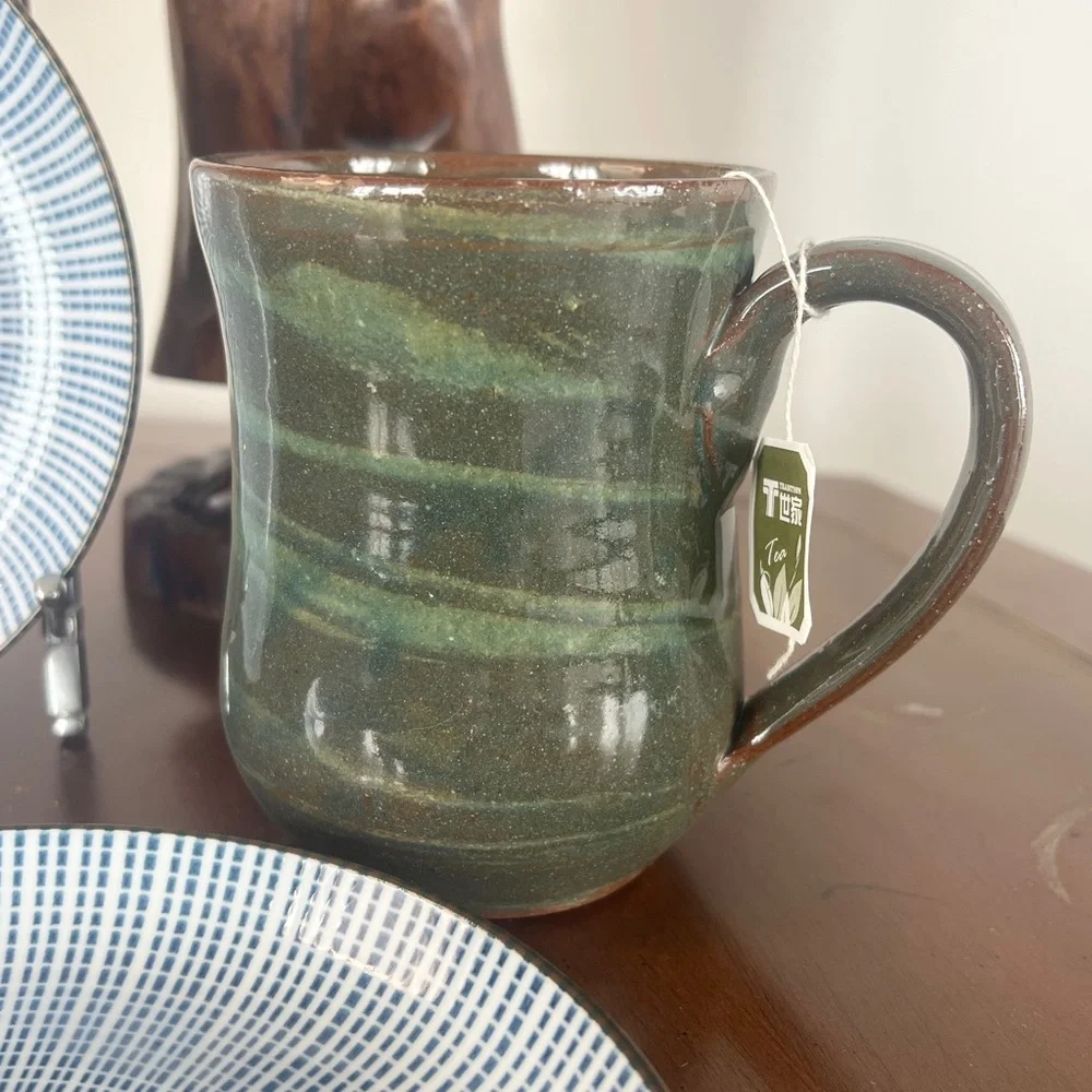 Vintage Handmade Stoneware Studio Pottery Mug Artist Signed Green and Brown - Picture 9 of 10